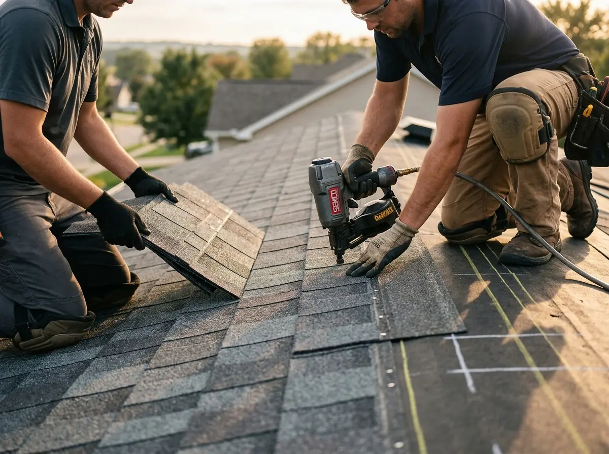 Professional roofer working on a residential roof in Huntertown